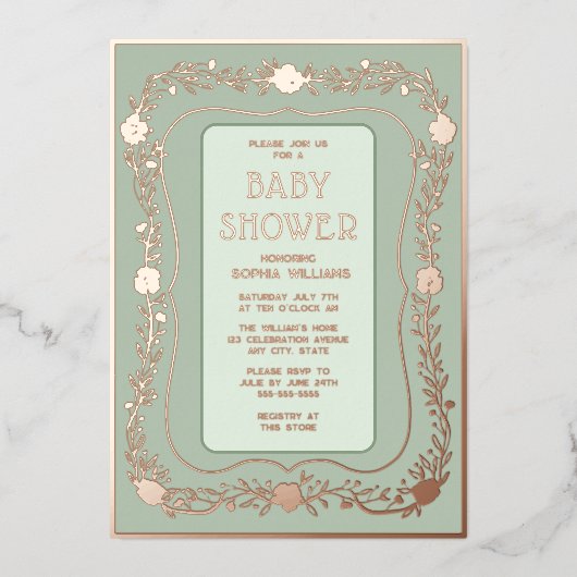 Genderneutraal Baby shower Folie Uitnodiging Flora (Voorkant)