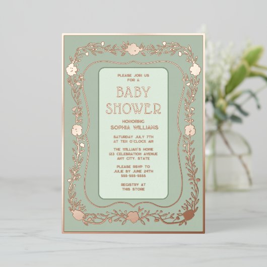 Genderneutraal Baby shower Folie Uitnodiging Flora (Staand Voorkant)