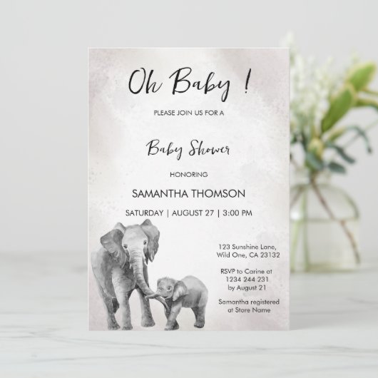 Genderneutraal baby shower, olifantenuitnodiging kaart (Staand voorkant)