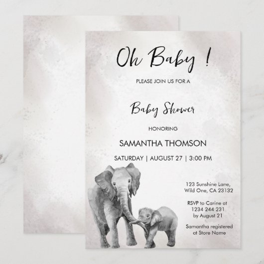Genderneutraal baby shower, olifantenuitnodiging kaart (Voorkant / Achterkant)