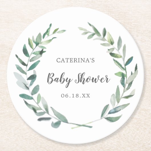 Genderneutraal Baby shower Rustic Greenery Wreate Ronde Kartonnen Onderzetter (Voorkant)