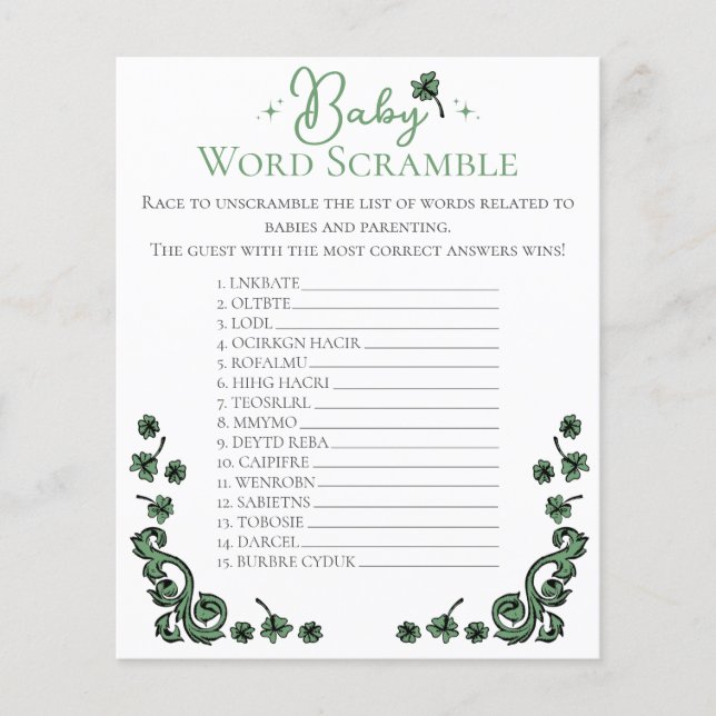 Genderneutraal Baby Word Scramble Baby shower spel (Voorkant)