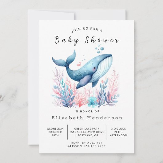 genderneutraal bewerkbaar walvis-Baby shower Kaart (Voorkant)