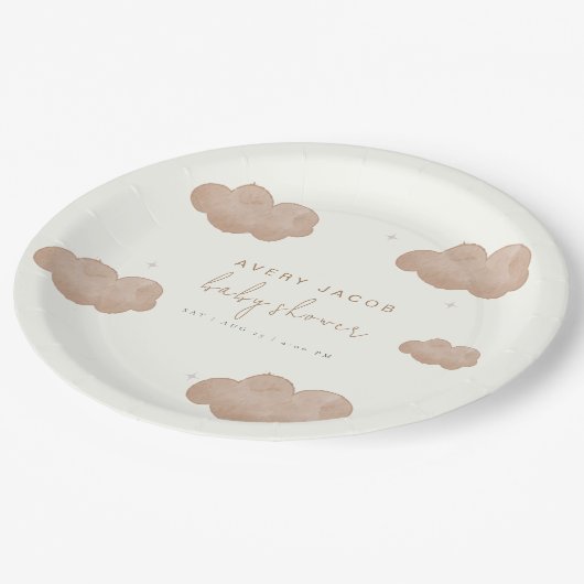 Genderneutraal Boho Clouds Stars Baby shower Papieren Bordje (Gekanteld)