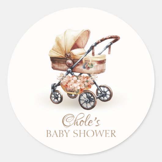Genderneutraal Boho Floral Stroller Baby shower Ronde Sticker (Voorkant)