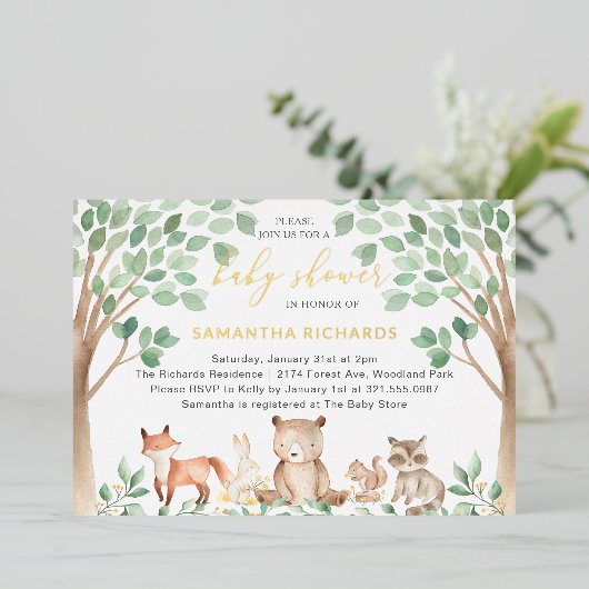 Genderneutraal bos Baby shower Gold Folie Uitnodiging (Staand Voorkant)