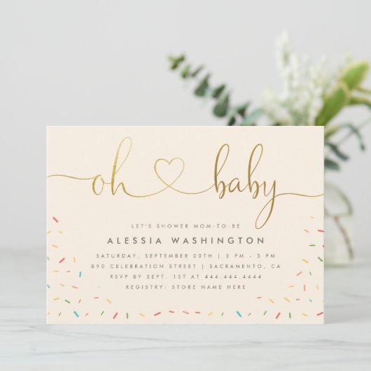 Genderneutraal Elegant Gold Script Oh Baby shower Kaart (Staand voorkant)