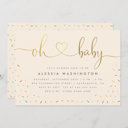Genderneutraal Elegant Gold Script Oh Baby shower Kaart (Voorkant / Achterkant)