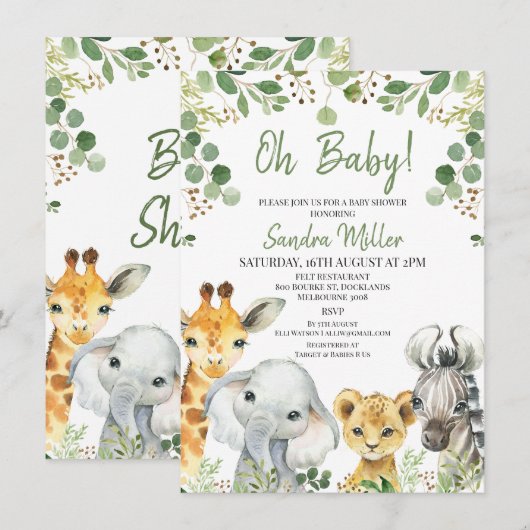 Genderneutraal Eucalyptus Safari Baby shower  Kaart (Voorkant / Achterkant)