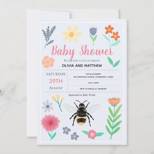 Genderneutraal Floral Woodland Bee Baby shower Kaart (Voorkant)