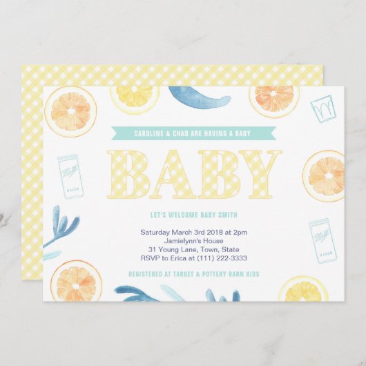 Genderneutraal geel Aqua Citrus Baby shower Kaart (Voorkant / Achterkant)