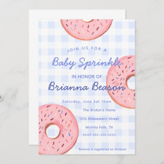 Genderneutraal, Gingham & Donuts Baby Sprinkle Kaart (Voorkant / Achterkant)