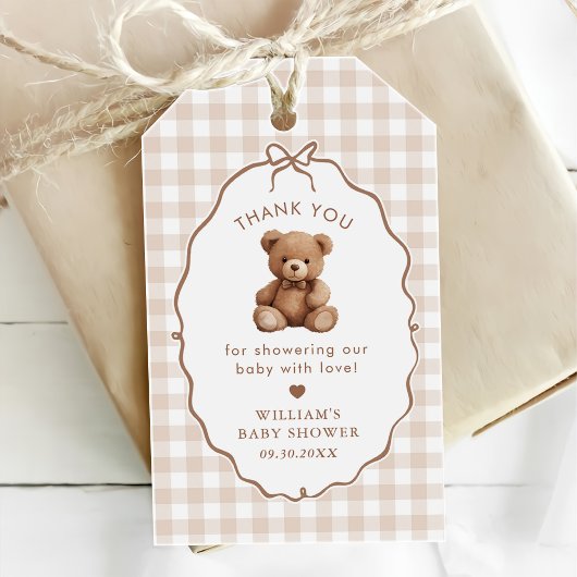 Genderneutraal Gingham Teddy Bear-Baby shower Cadeaulabel