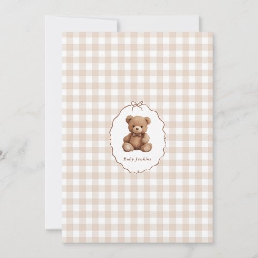 Genderneutraal Gingham Teddy Bear-Baby shower Kaart (Achterkant)