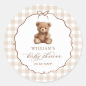 Genderneutraal Gingham Teddy Bear-Baby shower Ronde Sticker (Voorkant)