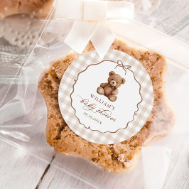 Genderneutraal Gingham Teddy Bear-Baby shower Ronde Sticker