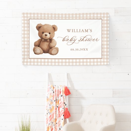 Genderneutraal Gingham Teddy Bear-Baby shower Spandoek (Insitu)