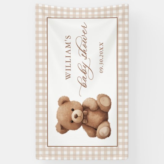 Genderneutraal Gingham Teddy Bear-Baby shower Spandoek (Verticaal)