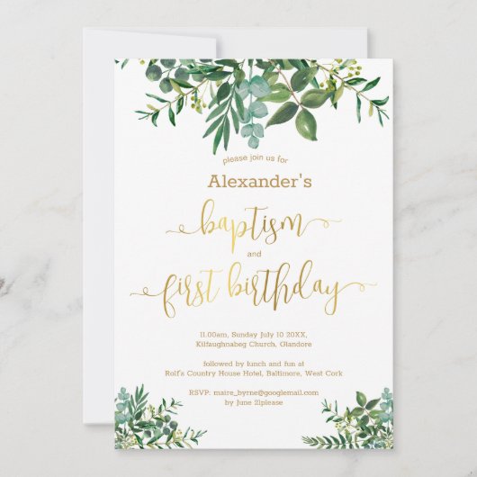 Genderneutraal groen gouden baptisme en 1e verjaar kaart (Voorkant)