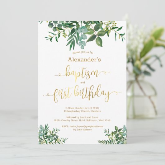 Genderneutraal groen gouden baptisme en 1e verjaar kaart (Staand voorkant)