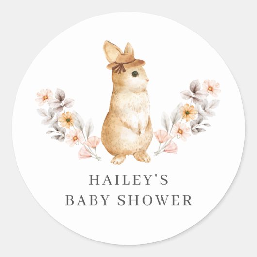 Genderneutraal konijntje Wildflower Baby shower Ronde Sticker (Voorkant)