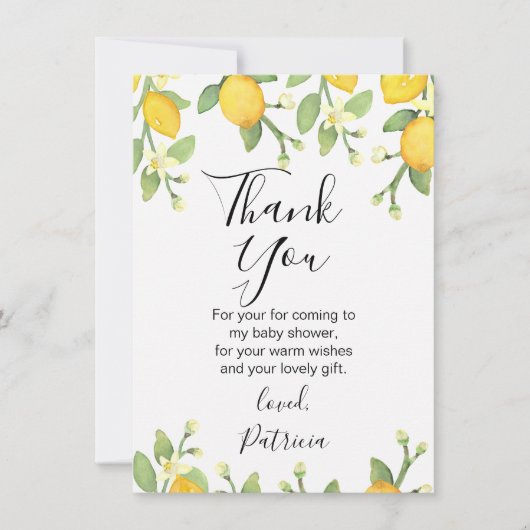 Genderneutraal Lemon Baby shower Dank je wel Kaart (Voorkant)