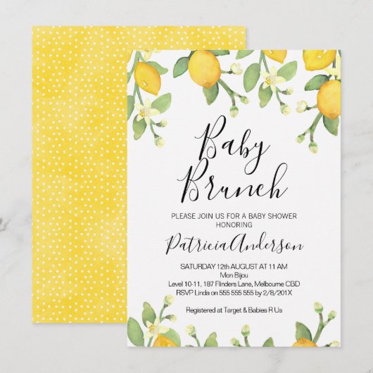 Genderneutraal Lemon Brunch Baby shower Uitnodigin Kaart (Voorkant / Achterkant)