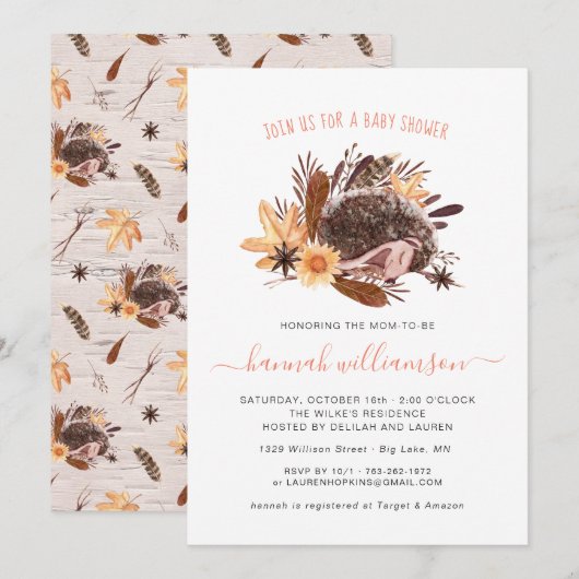 Genderneutraal Little Hedgehog Autumn Baby shower Kaart (Voorkant / Achterkant)