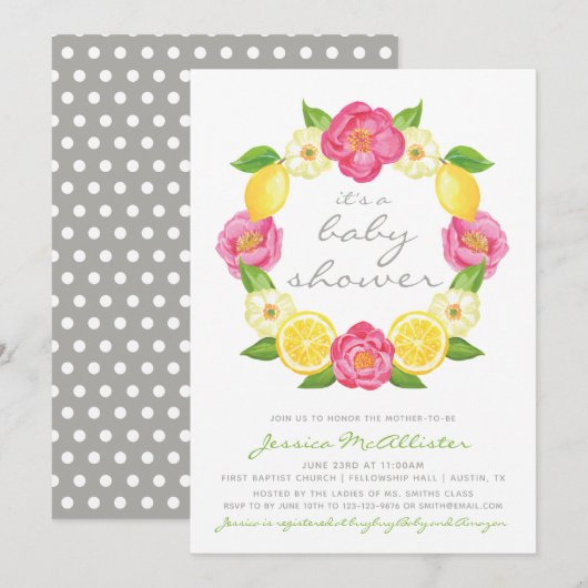 Genderneutraal modern grijs CitrusRoos Baby shower Kaart (Voorkant / Achterkant)