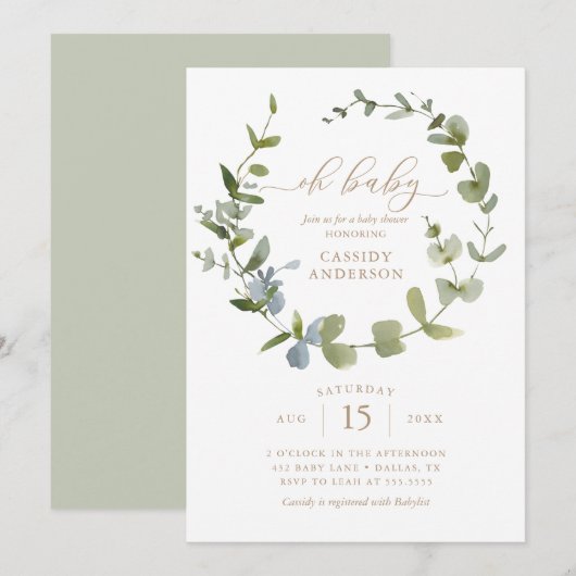 Genderneutraal Oh Baby Eucalyptus Baby shower Invi Kaart (Voorkant / Achterkant)