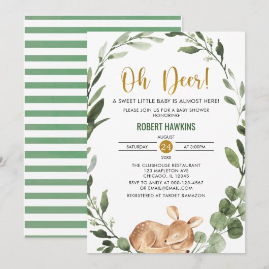 Genderneutraal Oh hert greenery Gold baby shower Kaart (Voorkant / Achterkant)