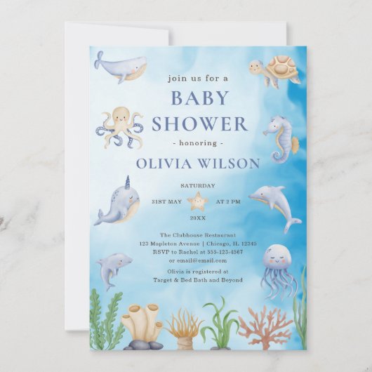 Genderneutraal onder het Zee Dieren Baby shower Kaart (Voorkant)
