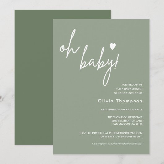 Genderneutraal Sage Green Custom OH Baby shower Kaart (Voorkant / Achterkant)