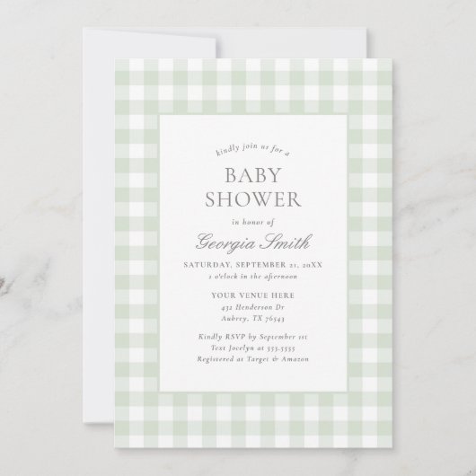 Genderneutraal Sage Green Gingham Baby shower Kaart (Voorkant)