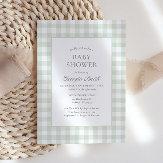 Genderneutraal Sage Green Gingham Baby shower Kaart
