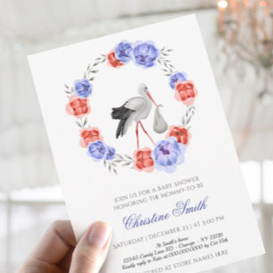 Genderneutraal Stork Blue Red Floral Baby shower I Kaart