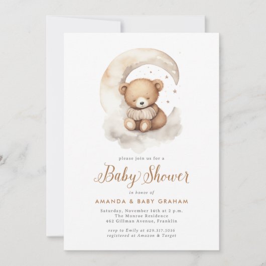 Genderneutraal Teddy Bear Moon Stars Baby shower Kaart (Voorkant)