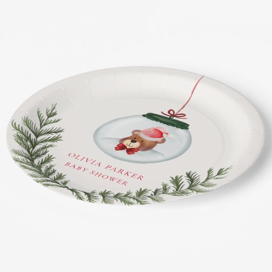 Genderneutraal Teddybeer Winter Baby shower Papieren Bordje (Gekanteld)