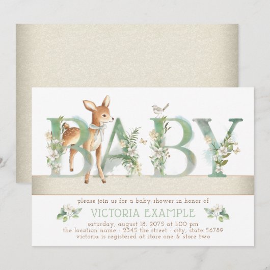 Genderneutraal Woodland Deer Baby shower Kaart (Voorkant / Achterkant)