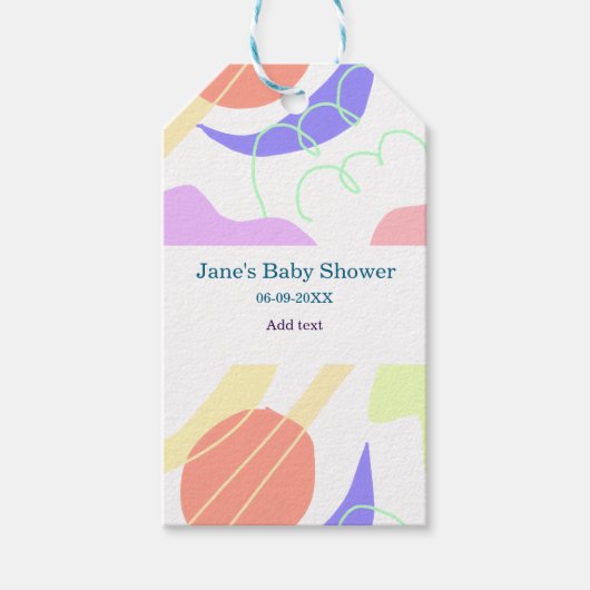 Genderneutrale abstracte vormen baby shower naam cadeaulabel (Voorkant)