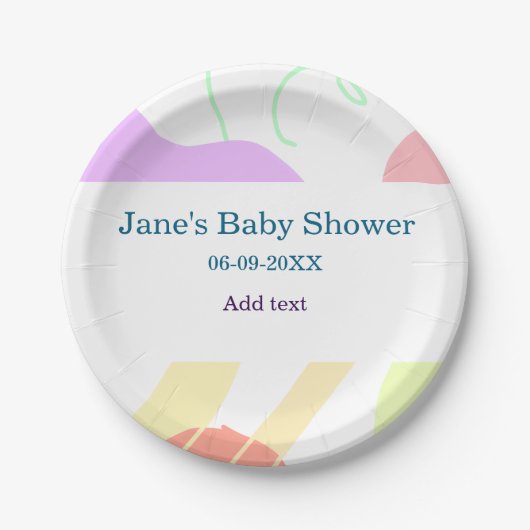 Genderneutrale abstracte vormen baby shower naam papieren bordje (Voorkant)