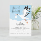 Genderneutrale Cute Stork Baby shower Invitation Kaart (Staand voorkant)