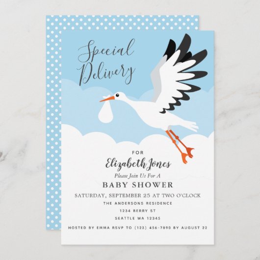 Genderneutrale Cute Stork Baby shower Invitation Kaart (Voorkant / Achterkant)