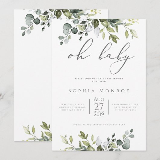 Genderneutrale Eucalyptus Greenery Oh Baby shower Kaart (Voorkant / Achterkant)