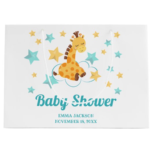 Genderneutrale Giraffe en sterretjes Baby shower Groot Cadeauzakje (Voorkant)