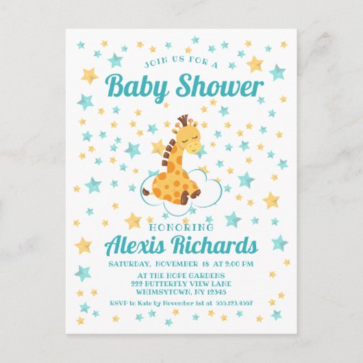 Genderneutrale Giraffe en sterretjes Baby shower Uitnodiging Briefkaart (Voorkant)