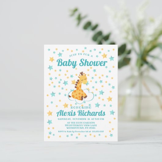 Genderneutrale Giraffe en sterretjes Baby shower Uitnodiging Briefkaart (Staand voorkant)