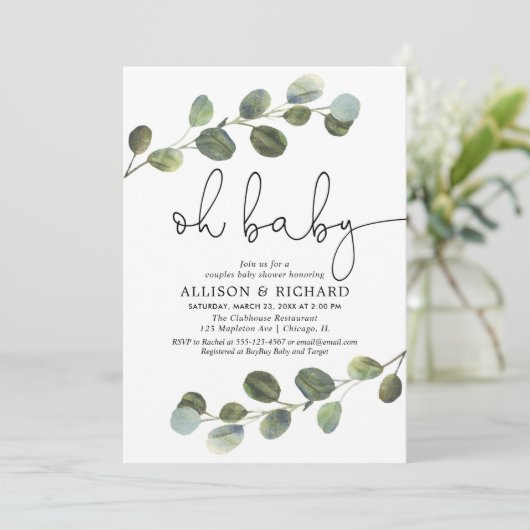 Genderneutrale koppels baby shower eucalyptus kaart (Staand voorkant)