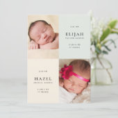 Genderneutrale tweeling 2-zijdig foto geboorte aankondiging (Staand voorkant)