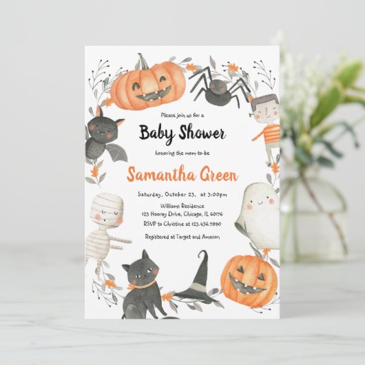 Genderneutrale uitnodiging voor Halloween Baby sho (Staand voorkant)